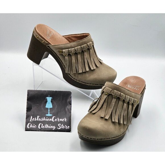 Dansko Women's Beige Suede Leather Deni Fringe Mules Clogs Size 6.5 (37) 2976 - Picture 13 of 16
